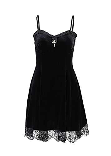 Gothic Mini Dress Women Spaghetti Straps Sleeveless Velvet Dress Retro Slit Short Party Dresses