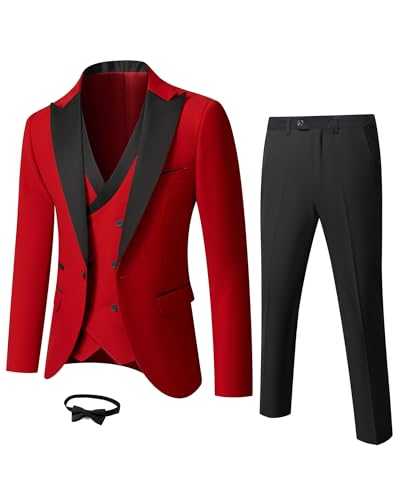 YND Men's 3 Piece Slim Fit Wedding Tuxedo Set, Peak Lapel One Button Suit Jacket, Double Breasted Vest Pants with Bow Tie