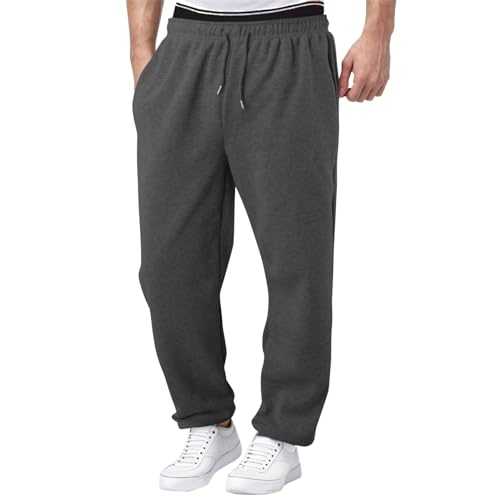 Mens Jogging Bottoms with Pockets Drawstring Fleece Jogger Sweatpants Open Hem Straight Leg Lounge Tracksuit Pants High Waisted Workout Joggers for Men UK Plus Size Sports Trouser