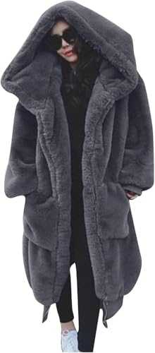 L9WEI Women's Oversized Faux Fur Coat with Hood, Grey, Long, Loose, Autumn, Winter, Adult, Female, Trench Coat, 2 Pockets, Satin Lining, Wool Backing, Hand Wash Only