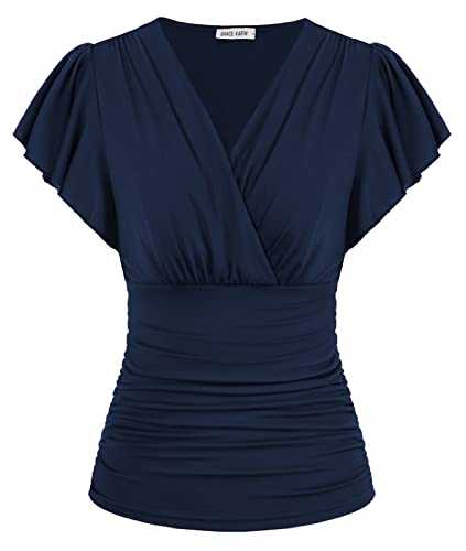 GRACE KARIN Women's Short Ruffle Sleeve V-Neck Ruched Casual Tops Summer Blouses Vintage Top