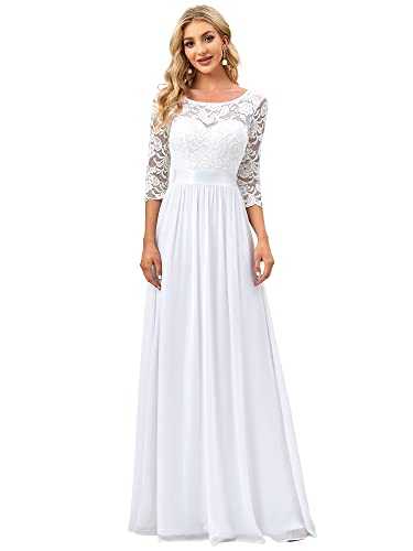 Ever-Pretty Women's Round Neck 3/4 Sleeves A Line Empire Waist Lace Elegant Maxi Evening Party Dresses White 14UK