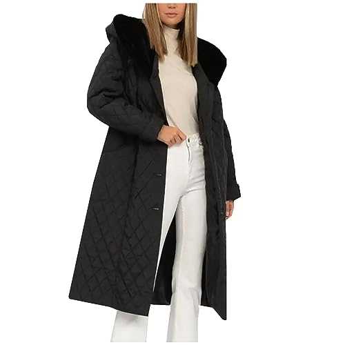 Women's Long Down Jacket Winter Puffer Jackets Warm Faux Fur Collar Coat Ladies Quilted Parka Zip Puff Coats Waterproof Padded Overcoat Outdoor Ski Hiking Fleece Thicken Outwear with Pockets Belted