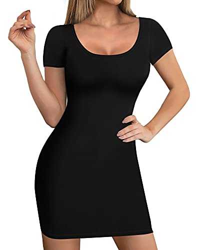 DOKIDOO Women's Summer Casual Bodycon Dresses Stretchy Scoop Neck T Shirt Short Mini Dress