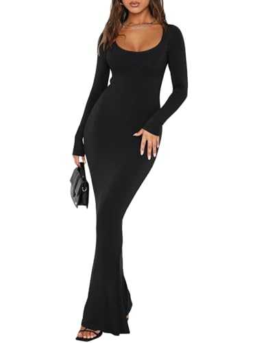 REORIA Womens Sexy Square Neck Long Sleeve Soft Lounge Long Dress Fall Casual Ribbed Bodycon Maxi Dresses