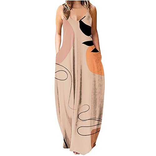 AMhomely Women Casual Plus Size Print O-Neck Sleeveless Pocket Maxi Long Dress Sale Clearance UK Size S-5XL