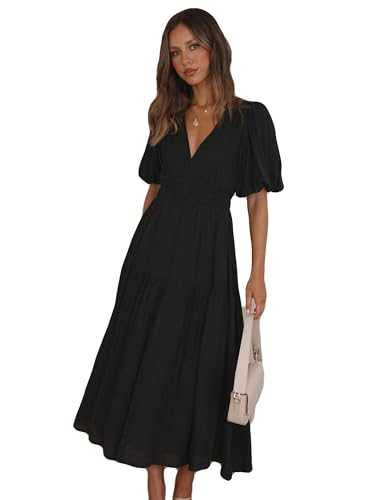 MessBebe Women's Summer Maxi Dress Puffy Sleeve V Neck Boho Party Beach Tiered Ruffle Flowy Long Smocked Dresses