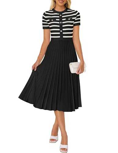 Women's Casual Striped Midi Dress Crewneck Short Sleeve Button Ribbed Knit Swing Pleated A Line Dresses