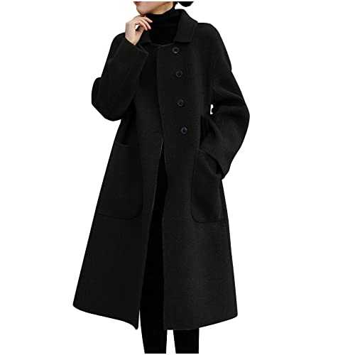 Slxbear Women Trench Coat Warm Woolen Winter Coats Buttons Mid-Length Womens Jacket Lapel Overcoat Solid Color Womens Parka Coat Trendy Women's Cardigans Casual Windbreaker Coat with Pockets Outwear