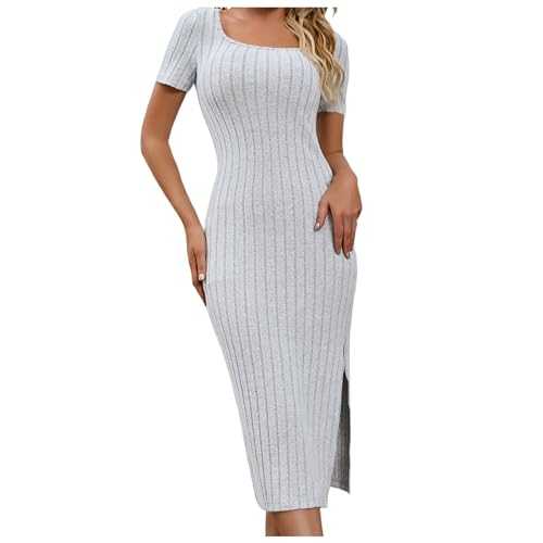 Sundresses for Women UK, Women's Summer Bodycon Sundresses Casual Short Sleeve Square Neck Midi Dress Knit Side Slit Long Ribbed Dresses Womens Maxi Dresses for Summer Flowy Daily Outing Long Dresses