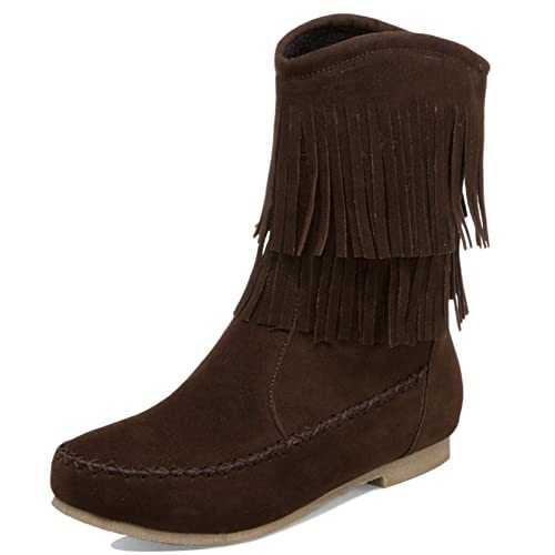 Women Round Toe Winter Comfy Slip On Classic Fringe Short Flat Boots