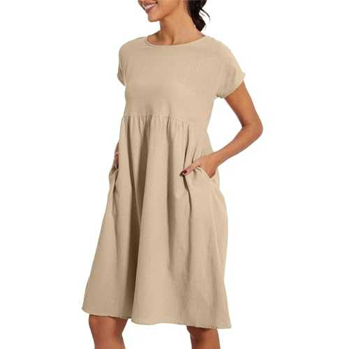 Women's Dress Casual Baggy Crew Neck Dresses for Women 2025 New Soft Larger Size Work Summer Casual Comfortable Cotton Short Sleeve Beach Tunic Beach Midi Dresses with Pockets