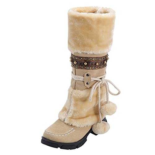 Winter Boots for Women Waterproof Snow,Retro Women Hairball High Heels Slip-On Keep Warm Middle Tube Snow Booties Round Toe Shoes,Women's Fur-Lined Knee High Winter Boots Wide Calf