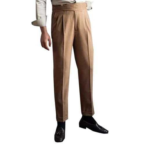 Mens Vintage Formal Trouser Casual Business Pant No Belt Required High Waist Dress Pants Classic Fit Straight Leg Suit Pants Lightweight Chinos