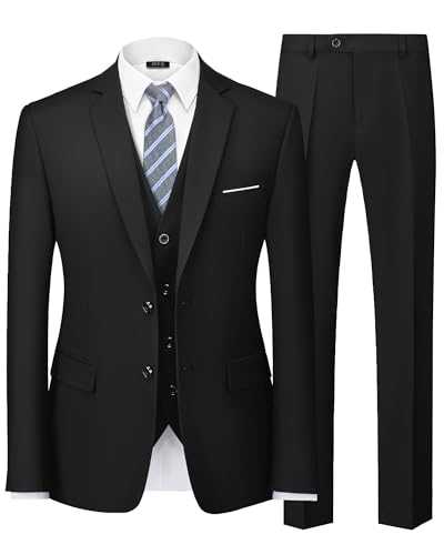 MY'S Men's 3 Piece Slim Fit Suit Set, 2 Button Blazer Jacket Vest Pants with Tie, Solid Wedding Dress Tux and Trousers