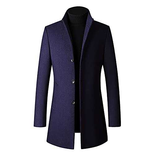 Mens Trench Coat Wool Blend Single Breasted Casual Slim Fit Fall Winter Overcoat Warm Thicken Classic Stand Collar Long Coat