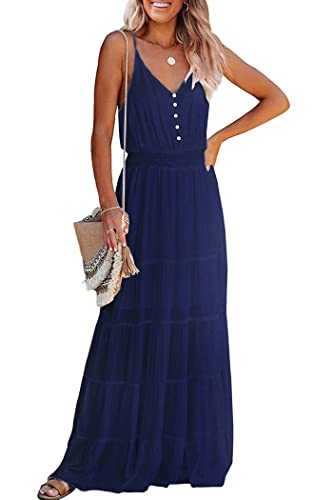 PRETTYGARDEN Women's Casual Summer Dress Spaghetti Strap Sleeveless High Waist Beach Long Maxi Sun Dresses, Navy, M