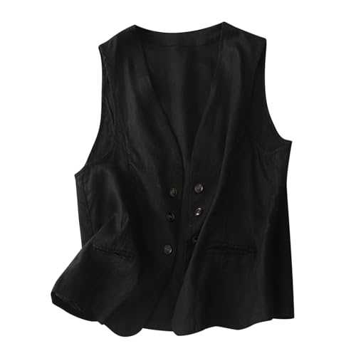 Womens Cotton Linen Vest Tops Casual Button Down Sleeveless Blazer Dressy Casual V-Neck Jackets Summer Cardigans Work Office Ladies Top Elegant Business Tanks Clearance