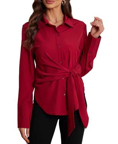 VIDUSSA Button Down Shirts for Women - Long Sleeve Work Blouses Dressy Casual Tops Collared Side Tie Front Shirts