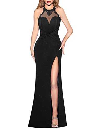 VFSHOW Womens Formal Illusion Halter Keyhole Back Prom High Slit Maxi Dress Wedding Guest Applique Twist Front Evening Gown