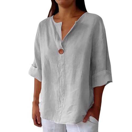 Ladies 3/4 Sleeve Linen Tops for Women UK Plus Size Short Sleeve Cotton Linen Tops Summer V Neck Casual Loose Vacation Beach Solid Color Blouses Mid Long Sleeved T Shirts Cheesecloth Clothes Sales