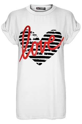 MBN Womens Ladies Baggy Valentines Heart Love Print Turn Up Sleeve Oversized T-Shirt
