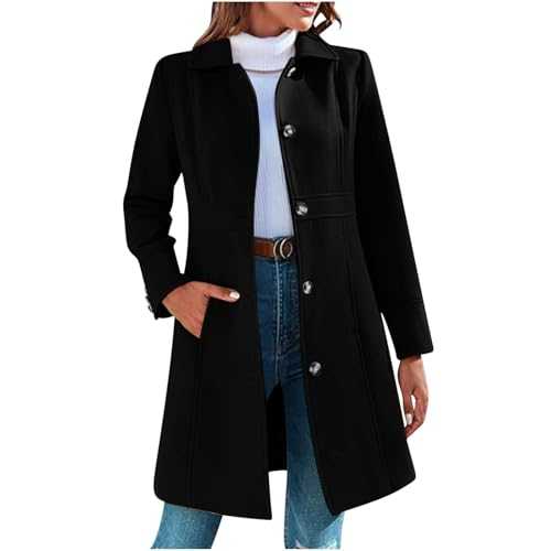 AnnSemo Women's Classic Long Trench Coat Long Sleeved Wool Coat Winter Warm Thick Caidigan with Windproof Buttons Slim Fit Jackets Women's Windproof Classic Lapel Slim Overcoat Windbreaker Jacket