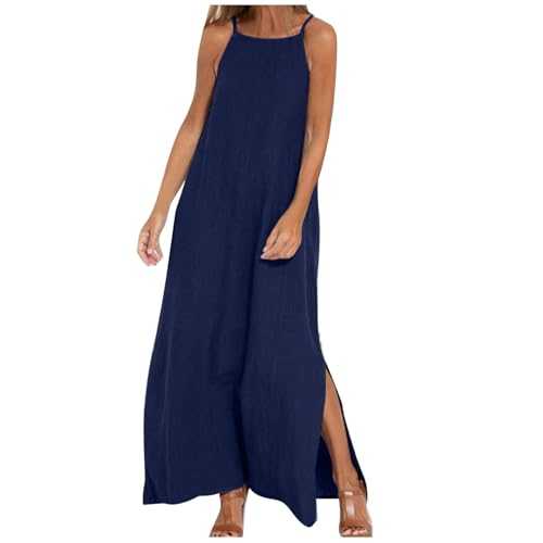 Women Dresses Summer Cotton Linen Dress Spaghetti Strap Sleeveless Dresses Baggy Casual Split Midi Dress Plain Oversized Dresses Solid Holiday Party Beach Dress Elegant Strappy Sundress
