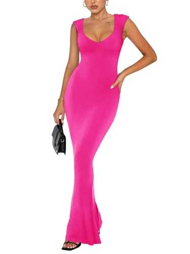 REORIA Women Sexy Square V Neck Cap Sleeve Elegant Lounge Long Dress Ribbed Bodycon Maxi Dresses