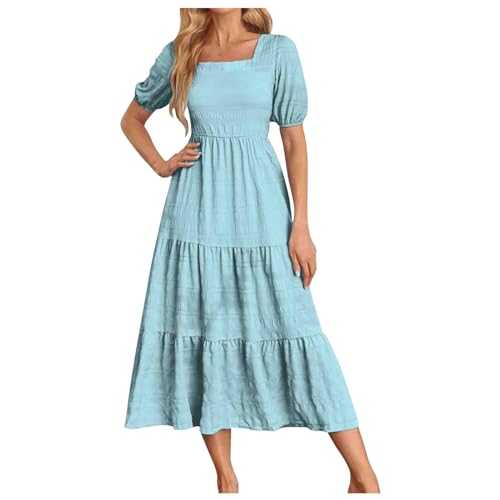 Long Summer Dresses for Women UK Square Neck Puff Sleeve Maxi Dress Casual Swing Beach Long Smock Dress Ladies Loose Bohemian Floaty Vacation Dresses A-Line Elegant Party Dresses with Pockets
