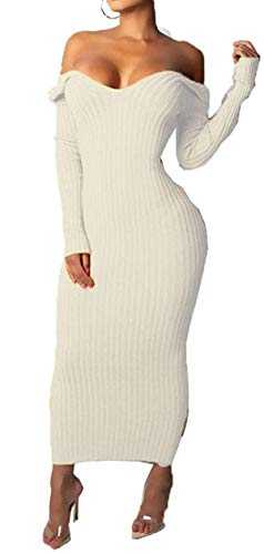 Women's Casual Off Shoulder Long Sleeves Slim Knit Bodycon Sweater Dress Midi Pencil Dress.