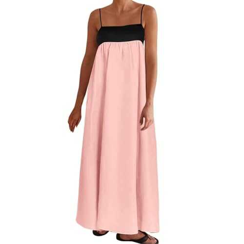 Womens Linen Maxi Dress Contrast Trim Spaghetti Straps Summer Outfits Sleeveless Long Dresses Travel Vacation