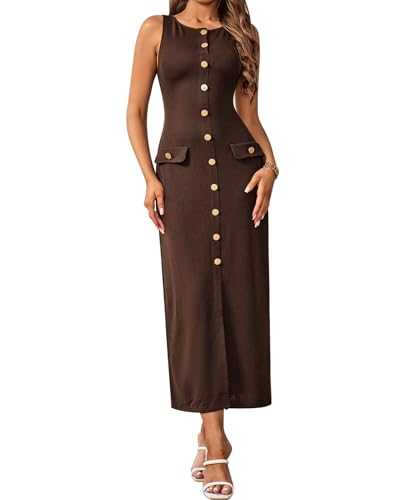 HTZMO Women's 2024 Casual Sleeveless Bodycon Button Ribbed Knit Pullover Sweater Long Dresses for Office Work