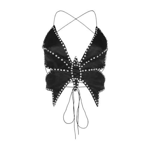 XINCHIA Womens Glitter Butterfly Halter Crop Tops Sexy V Neck Sleeveless Backless Rhinestone Harness Tank Tops Sparkly Cami Top Tank Night Club Glitter Vest Top for Rave Music Festival Beach Clubwear