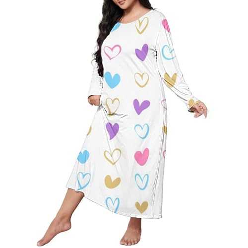 Zhsxertwy Dress for Women Plus Size Casual Sleep Dress Women's Plus Heart Print Long Sleeve Round Neck Medium Stretch Loose Nightdress Slit Dress for Women