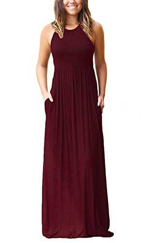 GRECERELLE Womens Summer Maxi Casual Dress Ladies Racer Back Long Beach Dress with Pocket, Short-Sleeve Crew-Neck Loose Dresses for Women