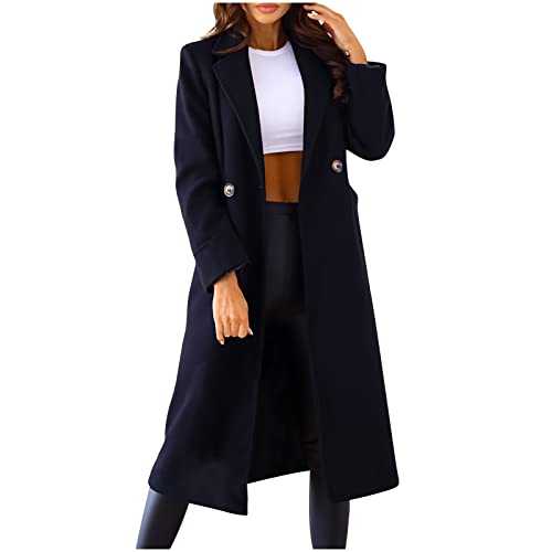 Slxbear Womens Trench Coats Warm Woolen Winter Coat Buttons Mid-Length Jacket for Women Solid Color Overcoat Lapel Ladies Cardigan Trendy Parka Jacket Casual Windbreaker Coat with Pockets Outwear