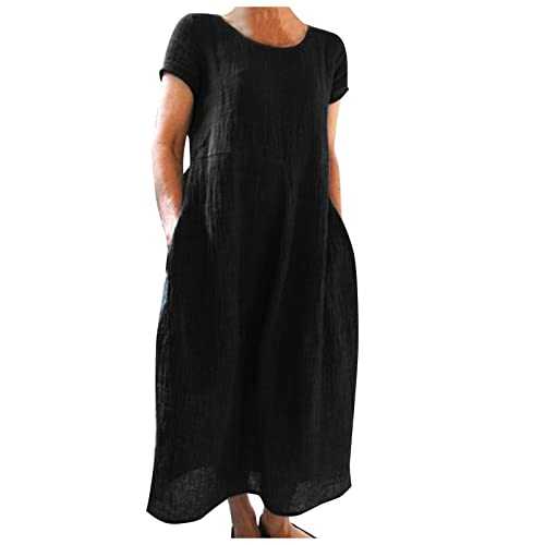 Linen Dresses for Women UK, Women's V Neck Striped Print Maxi Dresses with Pockets Short Sleeve Cotton Linen Dresses Shirt Dresses Casual Pleated Dresses Loose Summer Dresses Basic Beach Dresses
