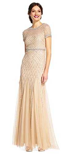 Adrianna Papell Women's Short-Sleeve Grid Beaded Gown Dress