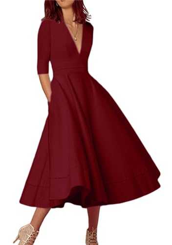 YMING Women Retro Deep V Neck Dress Elegant Swing Dress 3/4 Sleeve Light Dress Vintage High Waist Party Midi with Pocket Dress