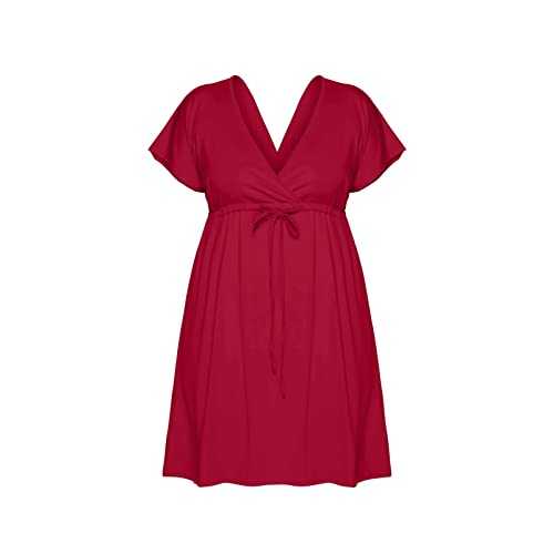 AMDOLE Traditional Dress Personality Solid Color V Neck Sexy Dress Simple and Exquisite Design Solid Color T Shirt Dress