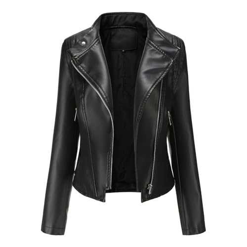 Women's Faux Leather Jacket Slim fit Zip Up Moto Biker Jacket Classic Short Bomber Coat Solid Color Standing Collar Motorcycle Jacket Windproof Outdoor Jacket Long Sleeve Cardigan Tops