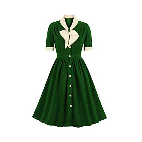 IBTOM CASTLE 1940s Dress for Women, Vintage Short Sleeve A-line Cocktail Dress Fit and Flared Dress Retro Bow Tie Swing Dresses with Belt for Wedding Guest Summer Holiday Tea Party