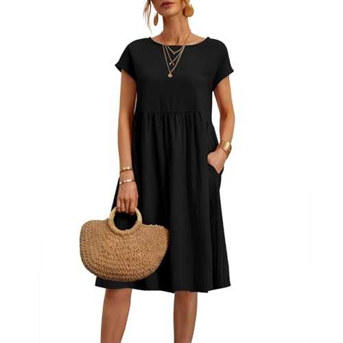 Dresses for Women UK Women Dresses 2025 Summer Casual Comfy Cotton Short Sleeve Fashion Tunic Beach Midi Dresses Solid Color Ladies Dresses Elegant Summer Dresses for Women UK with Pockets