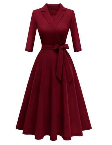 Meetjen Women's V-Neck Formal Dresses 3/4 Sleeve Modest Church Dress Fit and Flare Cocktail Dress for Wedding Guest