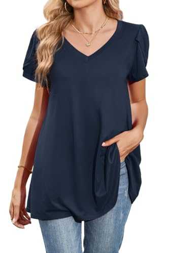 Enmain Womens Tunic Tops Summer Short Sleeve V Neck Ladies Tunics for Leggings Loose Fit Longline Dressy T-Shirt Blouses Casual Swing