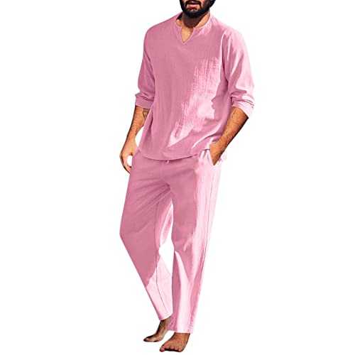Men Pieces Set Henley Shirt Long Sleeve and Casual Beach Pants Summer Yoga Outfits Mens Business Suits Slim Fit