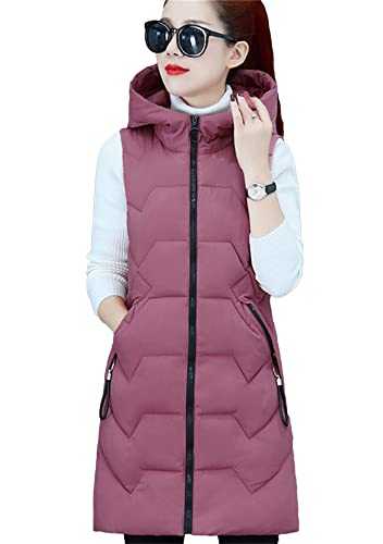 TYQQU Women's Hooded Gilet Warm Winter Zipper Vest Long Solid Color Vest Casual Quilted Vest With Pockets