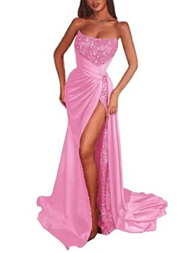 Glitter Sequin Prom Dresses Mermaid Slit Satin Evening Gown Sparkly Stretch with Train
