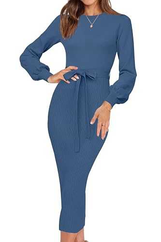 HAEOF Womens 2024 Fall & Winter Sweater Dress Elegant Ribbed Knit V Neck Long Puff Sleeve Bodycon Midi Dress